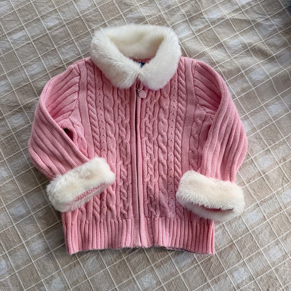 VTG Greendog Pink Cable Knit Fur Trim Full Zip Cotton Sweater 24 MOS Penny Lane